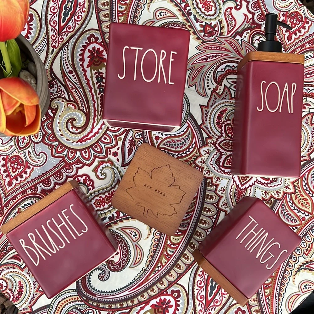 New Rae Dunn Burgundy Bathroom Toiletries 4 Piece Accessories Set